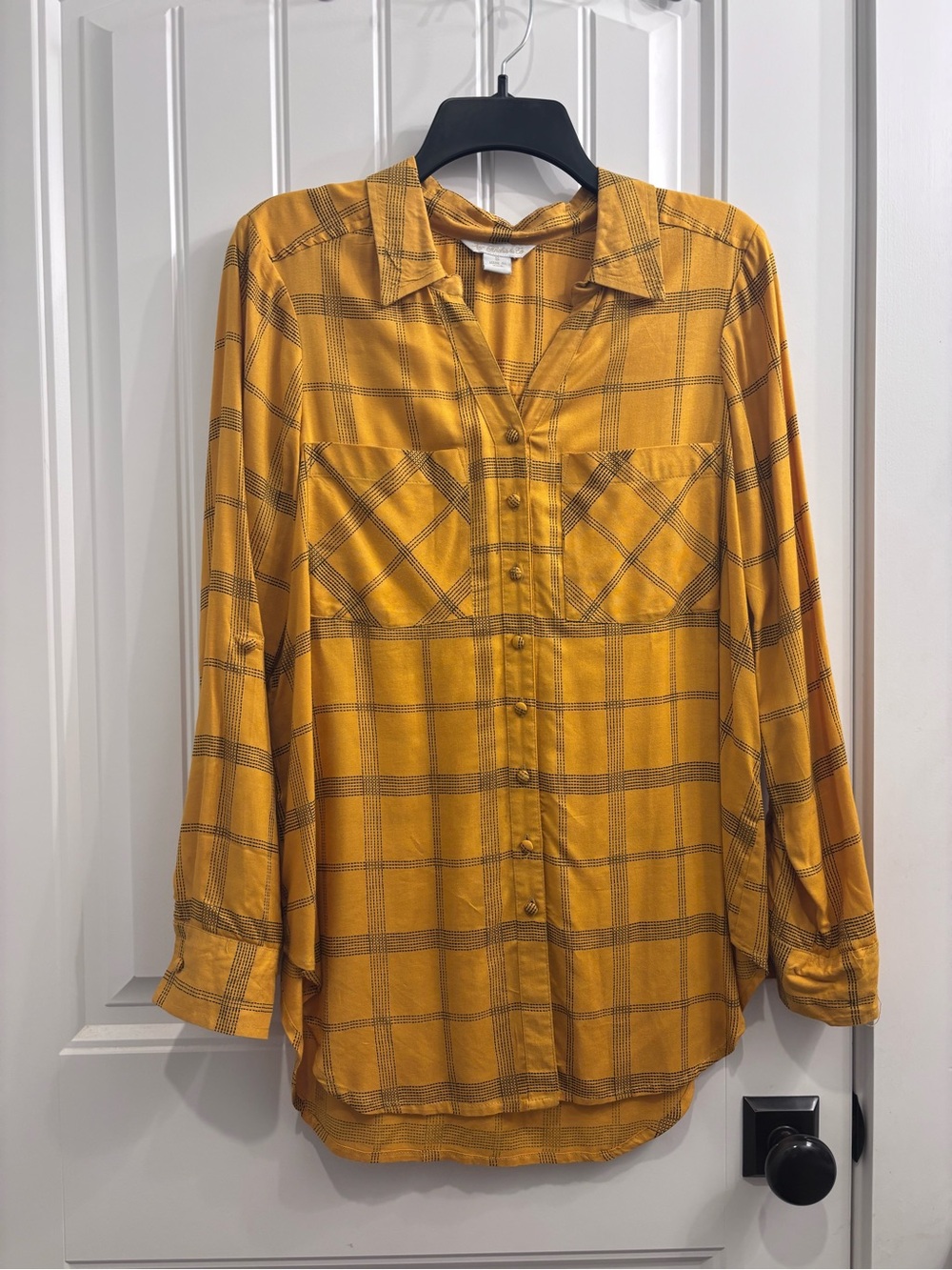 Women's Mustard Plaid Button-Down Shirt - Lightweight Relaxed Fit